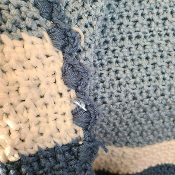 Handmade Knit Throw Blanket 110" x 48" Blue White Striped Scallop Edge - Picture 5 of 5